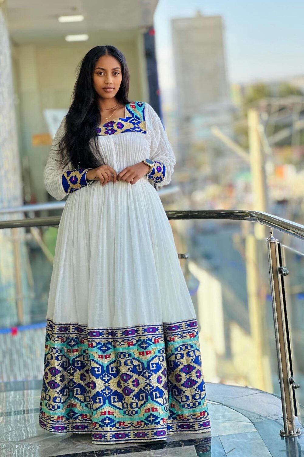 Zuria Habesha Kemis – White with Blue Tibeb (Style 2) – Azmarino Fashion Boutique – view 3