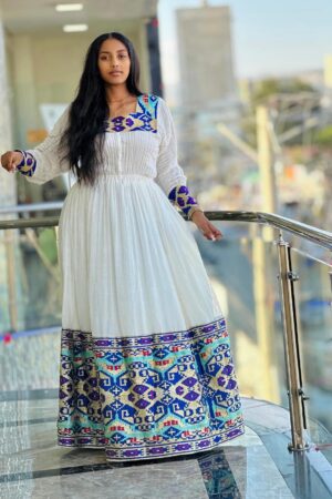 Zuria Habesha Kemis – White with Blue Tibeb (Style 2) – Azmarino Fashion Boutique – view 5