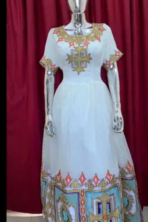 Zuria Habesha Kemis – White with Blue Tibeb (Style 3) – Azmarino Fashion Boutique