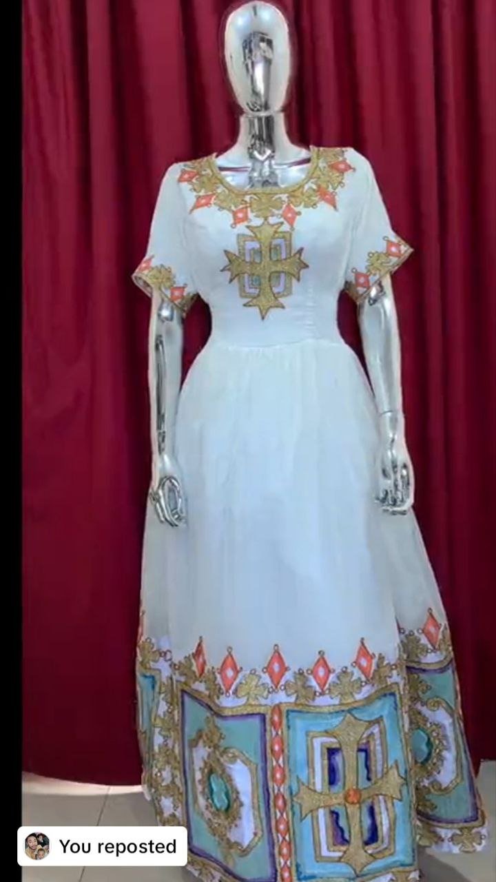 Zuria Habesha Kemis – White with Blue Tibeb (Style 3) – Azmarino Fashion Boutique