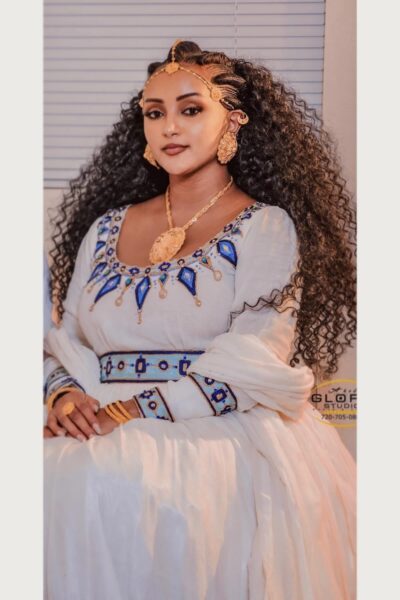 Zuria Habesha Kemis – White with Blue Tibeb (Style 4)