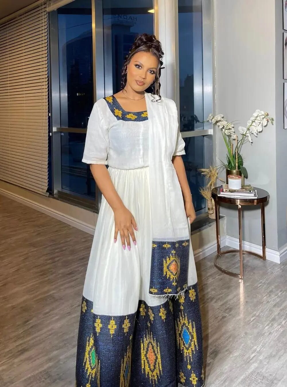 Zuria Habesha Kemis – White with Blue Tibeb (Style 6) – Azmarino Fashion Boutique