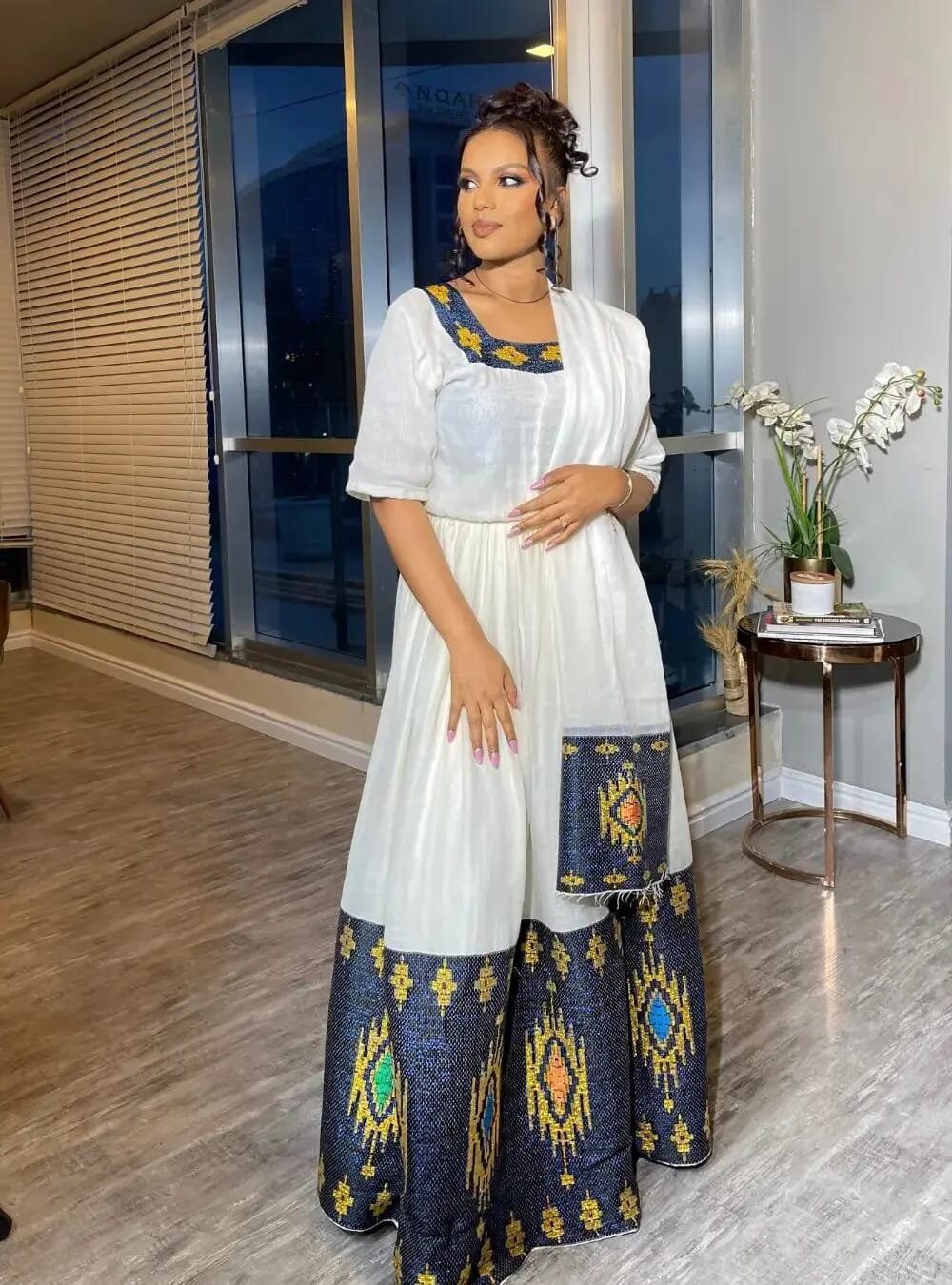 Zuria Habesha Kemis – White with Blue Tibeb (Style 6) – Azmarino Fashion Boutique – view 2