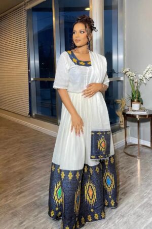 Zuria Habesha Kemis – White with Blue Tibeb (Style 6) – Azmarino Fashion Boutique – view 2