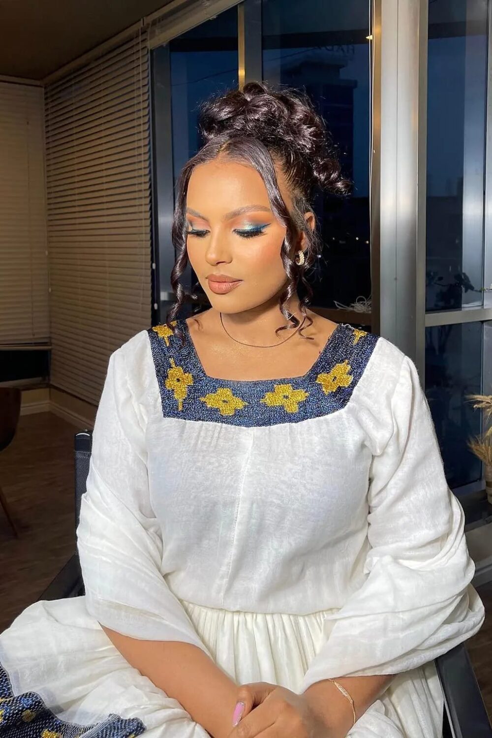 Zuria Habesha Kemis – White with Blue Tibeb (Style 6) – Azmarino Fashion Boutique – view 3
