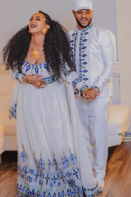 Zuria Habesha Kemis – White with Blue Tibeb (Style 7) – Azmarino Fashion Boutique