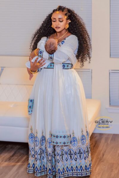 Zuria Habesha Kemis – White with Blue Tibeb (Style 8)