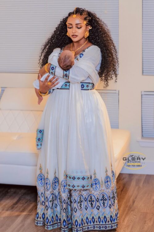 Zuria Habesha Kemis – White with Blue Tibeb (Style 8) – Azmarino Fashion Boutique