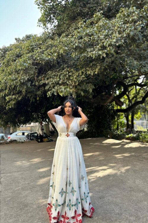 Zuria Habesha Kemis – White with Blue Tibeb (Style 9) – Azmarino Fashion Boutique