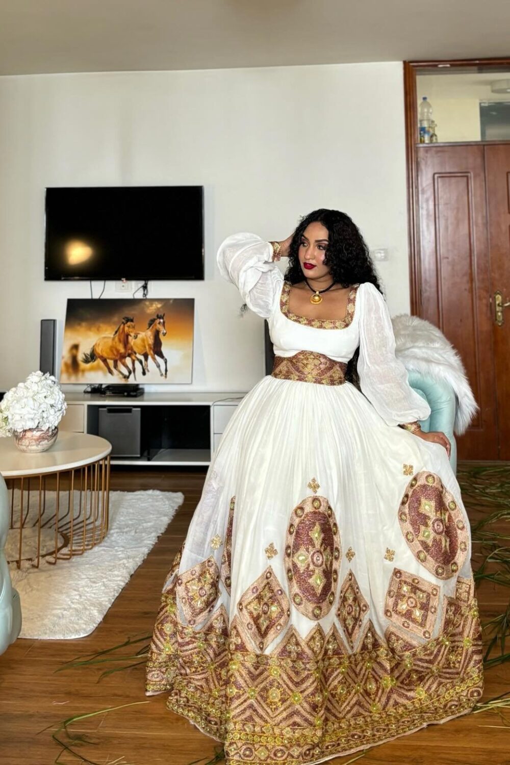 Zuria Habesha Kemis – White with Brown & Gold Tibeb – Azmarino Fashion Boutique – view 2