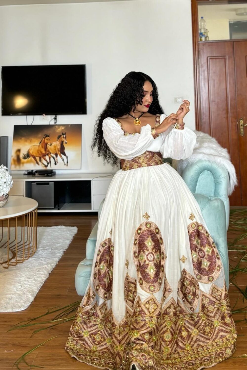 Zuria Habesha Kemis – White with Brown & Gold Tibeb – Azmarino Fashion Boutique – view 3