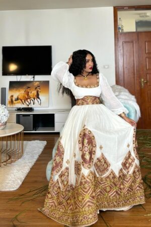 Zuria Habesha Kemis – White with Brown & Gold Tibeb – Azmarino Fashion Boutique – view 4