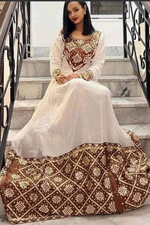 Zuria Habesha Kemis – White with Brown Tibeb (Style 1) – Azmarino Fashion Boutique
