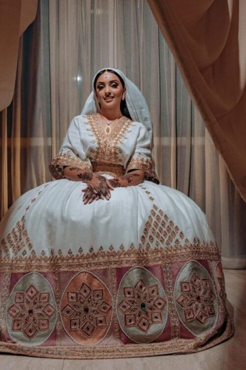 Zuria Habesha Kemis – White with Brown Tibeb (Style 2) – Azmarino Fashion Boutique