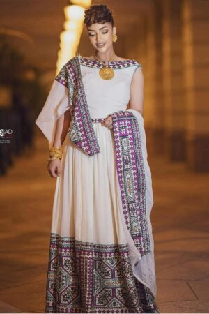 Zuria Habesha Kemis – White with Brown Tibeb (Style 3) – Azmarino Fashion Boutique – view 2
