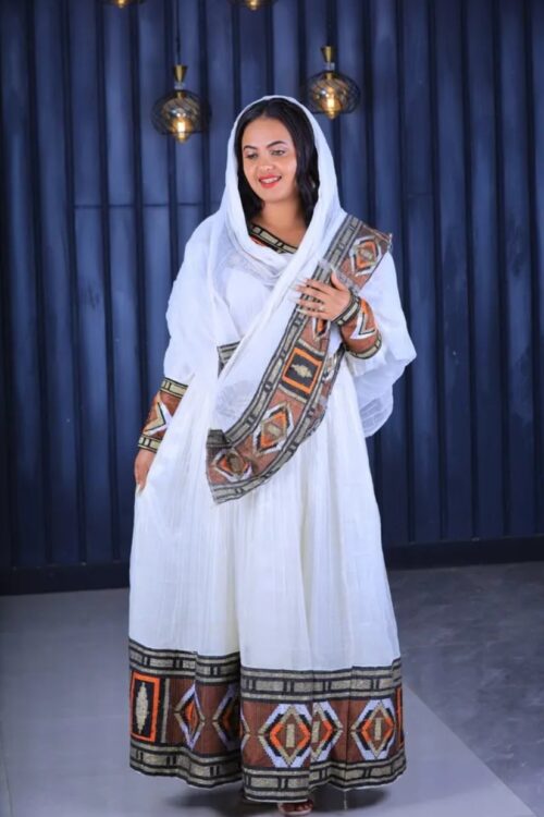 Zuria Habesha Kemis – White with Brown Tibeb (Style 4) – Azmarino Fashion Boutique