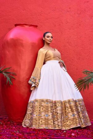 Zuria Habesha Kemis – White with Brown Tibeb (Style 5) – Azmarino Fashion Boutique