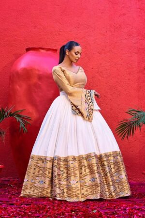 Zuria Habesha Kemis – White with Brown Tibeb (Style 5) – Azmarino Fashion Boutique – view 2