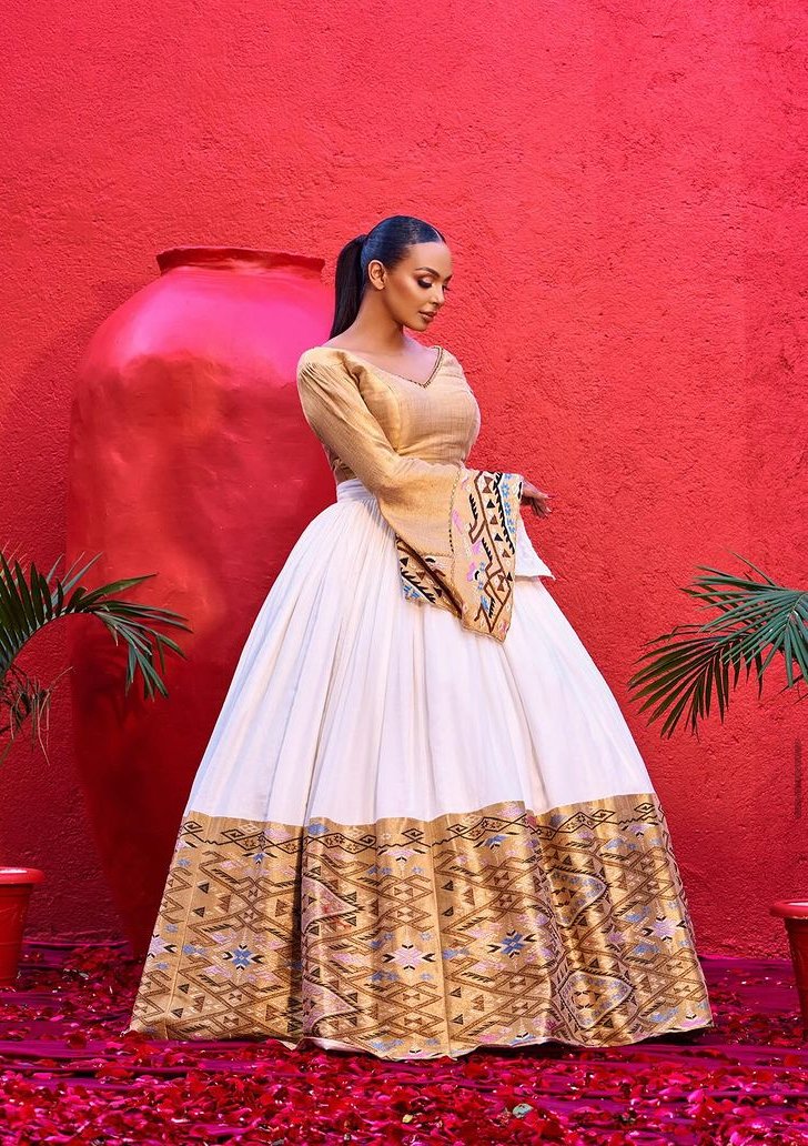 Zuria Habesha Kemis – White with Brown Tibeb (Style 5) – Azmarino Fashion Boutique – view 2