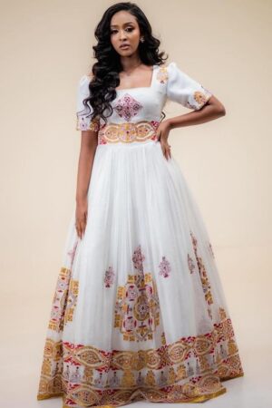 Zuria Habesha Kemis – White with Brown Tibeb (Style 6) – Azmarino Fashion Boutique