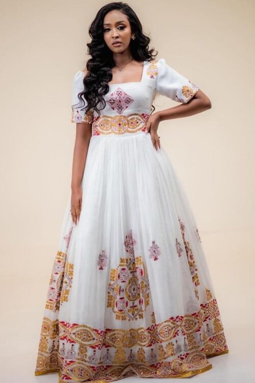Zuria Habesha Kemis – White with Brown Tibeb (Style 6) – Azmarino Fashion Boutique