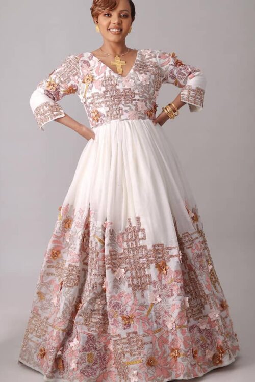 Zuria Habesha Kemis – White with Brown Tibeb (Style 7) – Azmarino Fashion Boutique