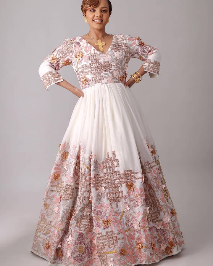 Zuria Habesha Kemis – White with Brown Tibeb (Style 7) – Azmarino Fashion Boutique