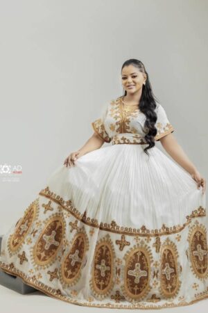 Zuria Habesha Kemis – White with Brown Tibeb (Style 8) – Azmarino Fashion Boutique