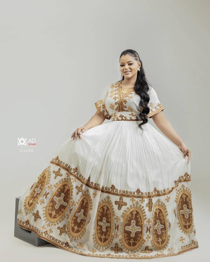 Zuria Habesha Kemis – White with Brown Tibeb (Style 8) – Azmarino Fashion Boutique