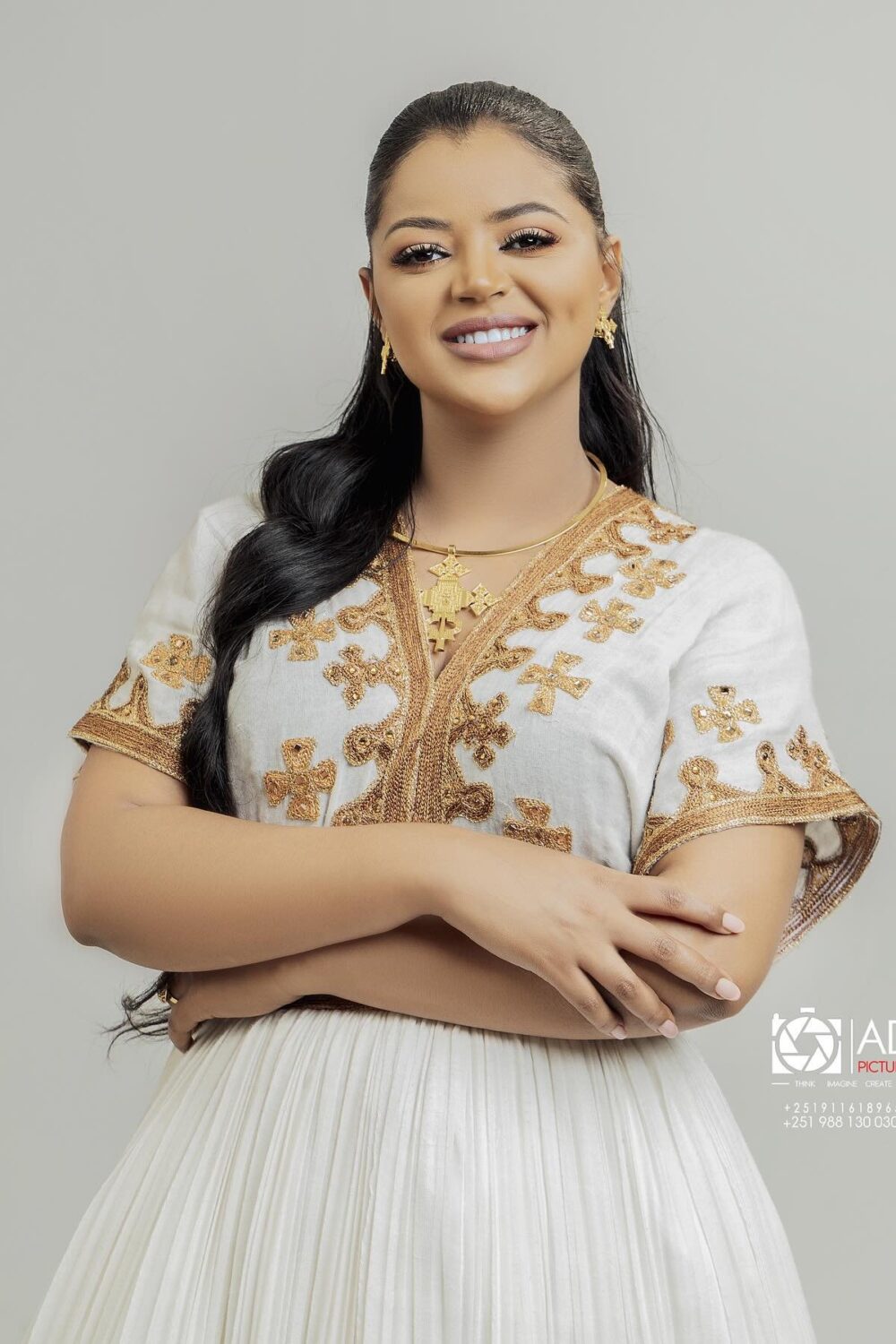 Zuria Habesha Kemis – White with Brown Tibeb (Style 8) – Azmarino Fashion Boutique – view 2