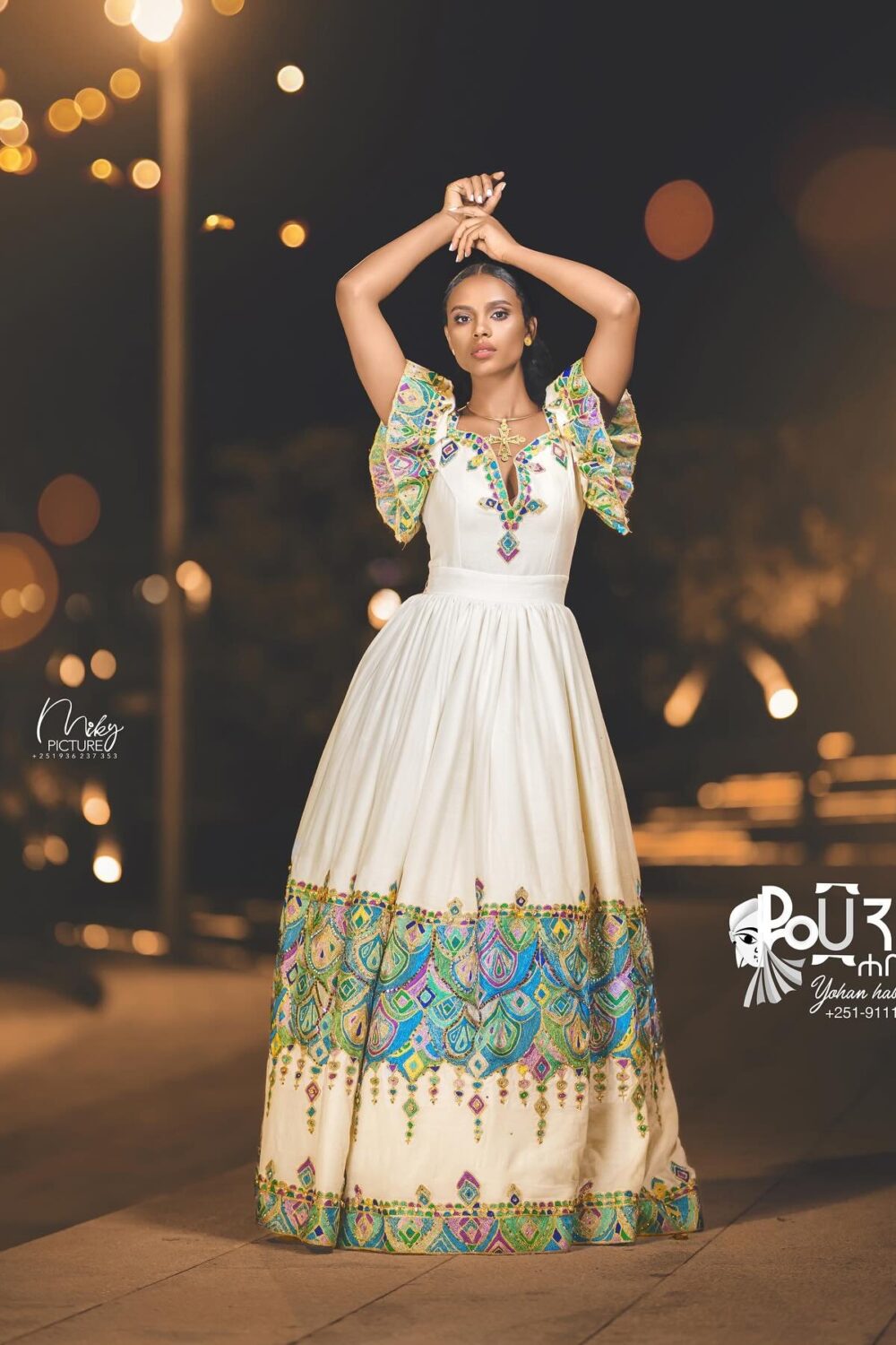 Zuria Habesha Kemis – White with Gold & Blue Tibeb – Azmarino Fashion Boutique