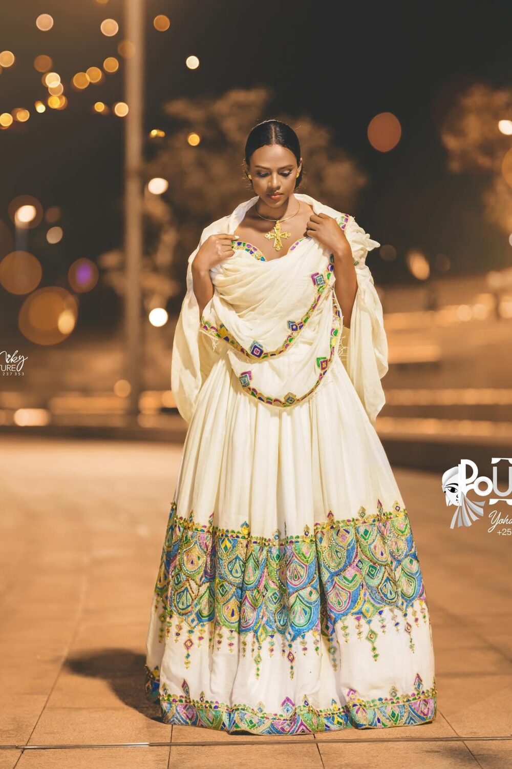 Zuria Habesha Kemis – White with Gold & Blue Tibeb – Azmarino Fashion Boutique – view 2