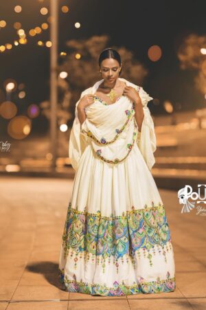 Zuria Habesha Kemis – White with Gold & Blue Tibeb – Azmarino Fashion Boutique – view 2