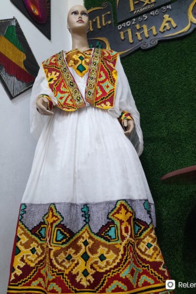Zuria Habesha Kemis – White with Gold & Grey Tibeb