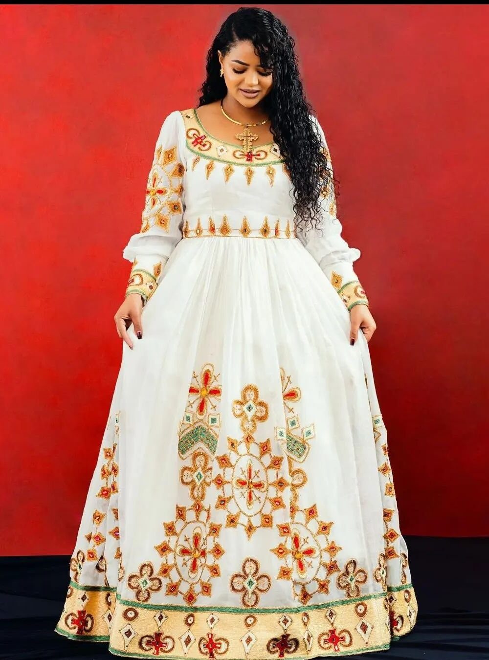 Zuria Habesha Kemis – White with Gold & Red Tibeb – Azmarino Fashion Boutique