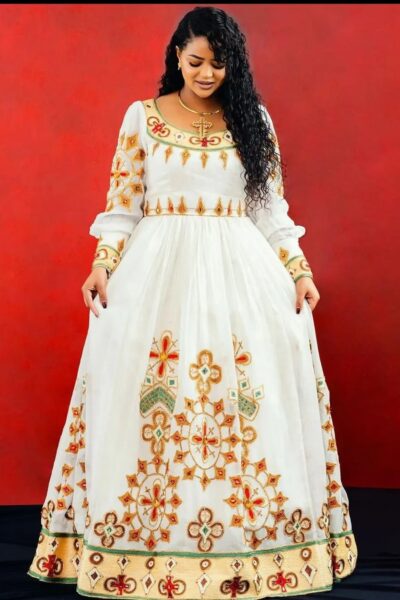 Zuria Habesha Kemis – White with Gold & Red Tibeb