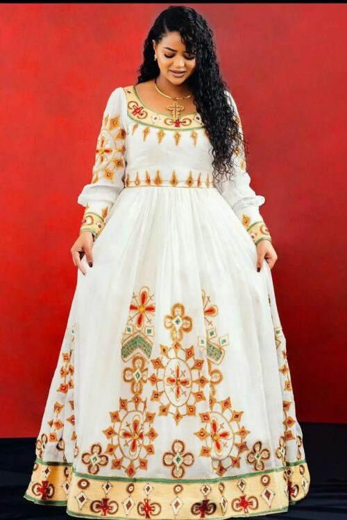 Zuria Habesha Kemis – White with Gold & Red Tibeb – Azmarino Fashion Boutique