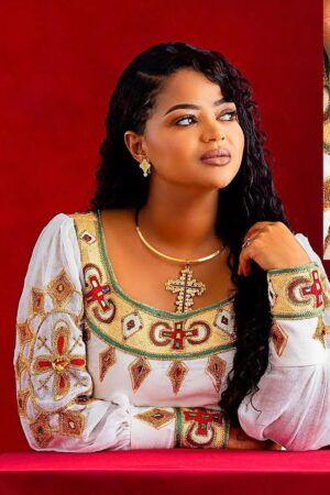 Zuria Habesha Kemis – White with Gold & Red Tibeb – Azmarino Fashion Boutique – view 2