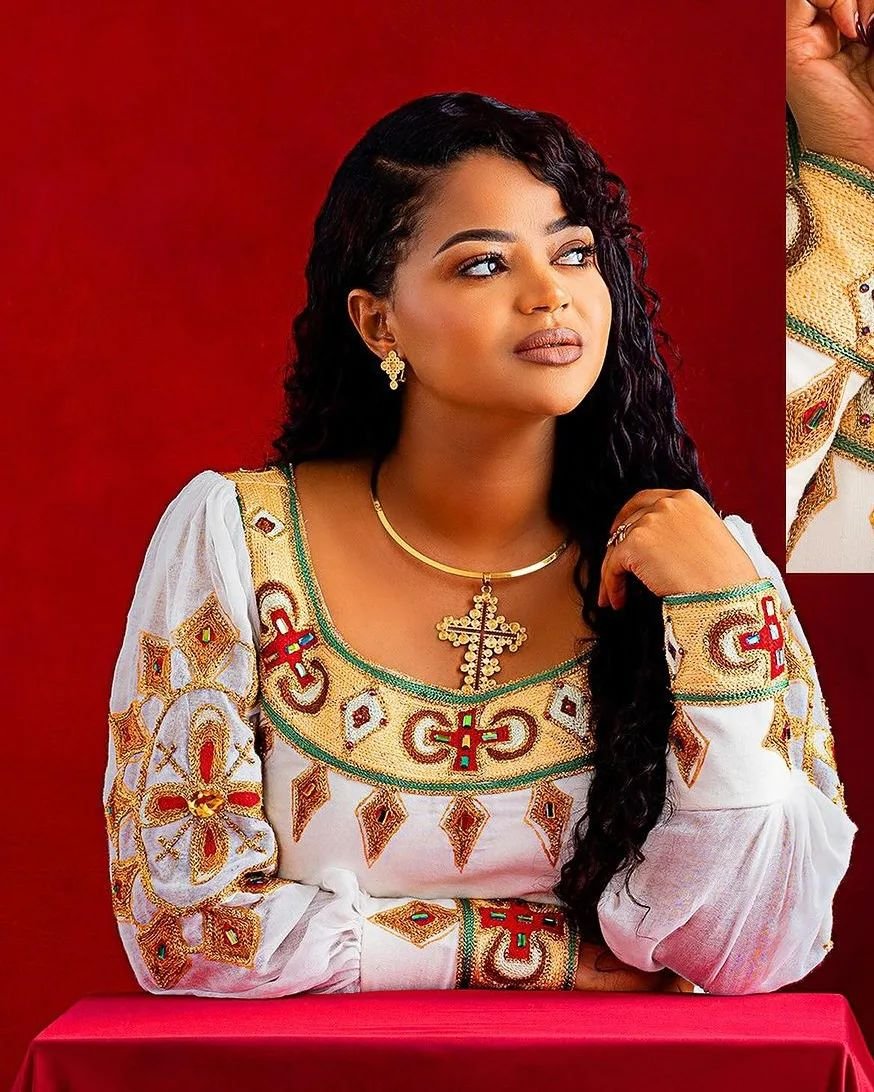 Zuria Habesha Kemis – White with Gold & Red Tibeb – Azmarino Fashion Boutique – view 2