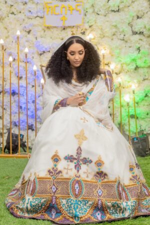 Zuria Habesha Kemis – White with Gold Cross Tibeb (Style 1) – Azmarino Fashion Boutique