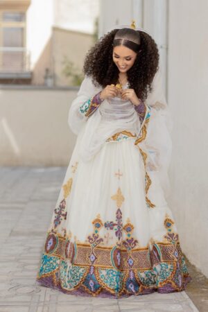 Zuria Habesha Kemis – White with Gold Cross Tibeb (Style 1) – Azmarino Fashion Boutique – view 2