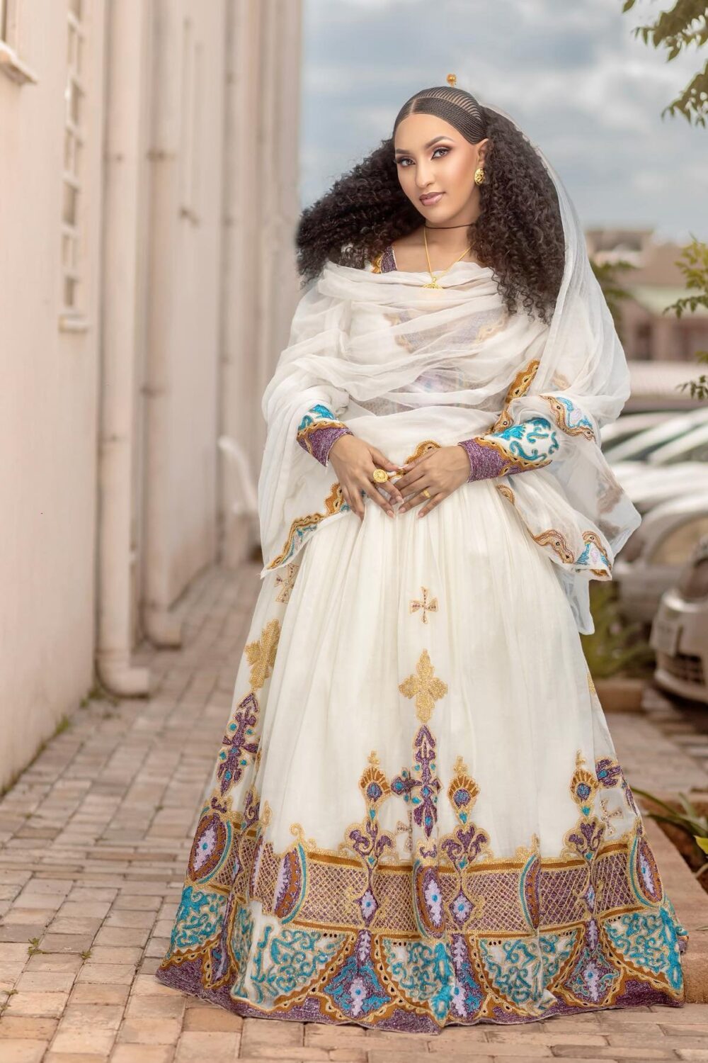Zuria Habesha Kemis – White with Gold Cross Tibeb (Style 1) – Azmarino Fashion Boutique – view 3