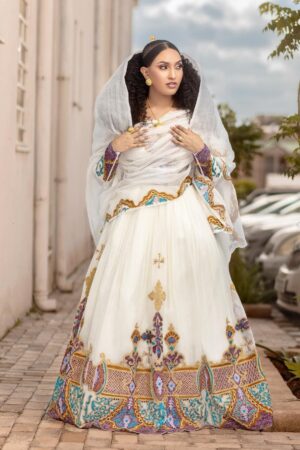 Zuria Habesha Kemis – White with Gold Cross Tibeb (Style 1) – Azmarino Fashion Boutique – view 4
