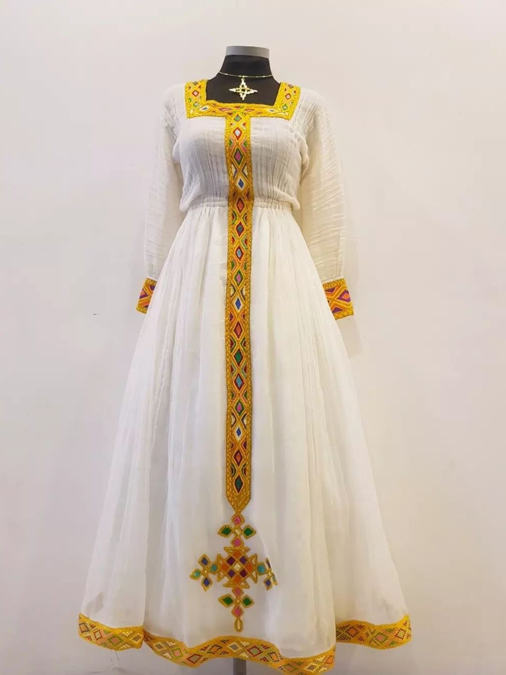 Zuria Habesha Kemis – White with Gold Cross Tibeb (Style 2) – Azmarino Fashion Boutique