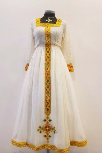 Zuria Habesha Kemis – White with Gold Cross Tibeb (Style 2)