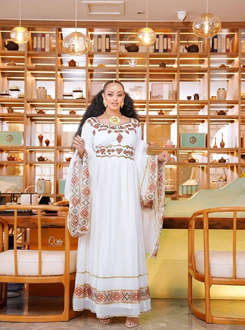 Zuria Habesha Kemis – White with Gold-Silver Tibeb – Azmarino Fashion Boutique