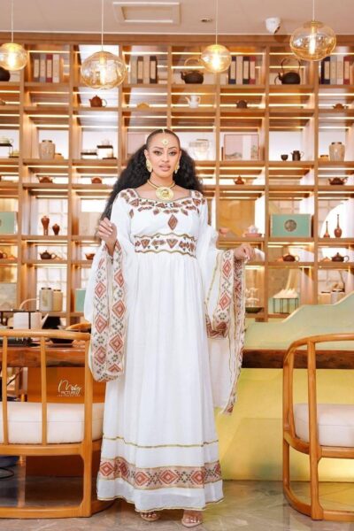 Zuria Habesha Kemis – White with Gold-Silver Tibeb