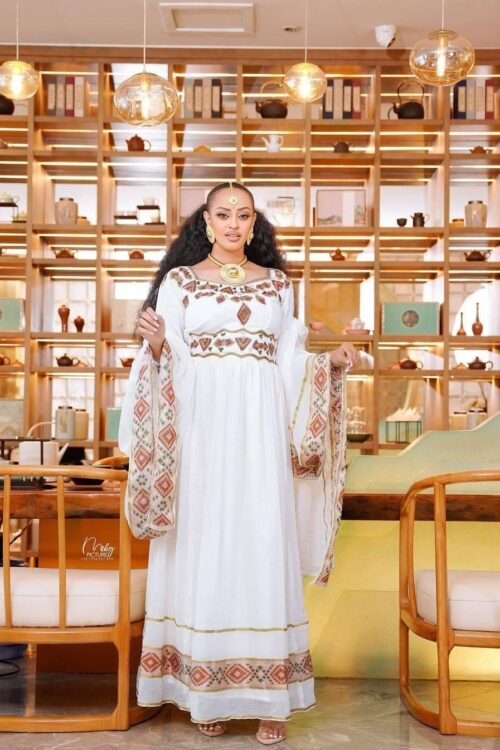 Zuria Habesha Kemis – White with Gold-Silver Tibeb – Azmarino Fashion Boutique