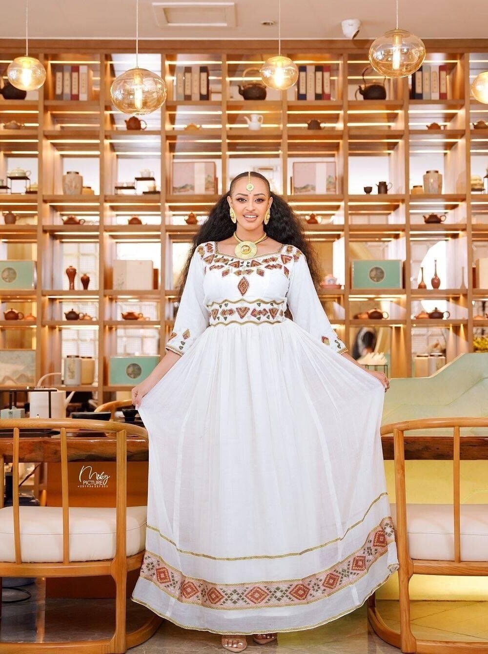 Zuria Habesha Kemis – White with Gold-Silver Tibeb – Azmarino Fashion Boutique – view 2