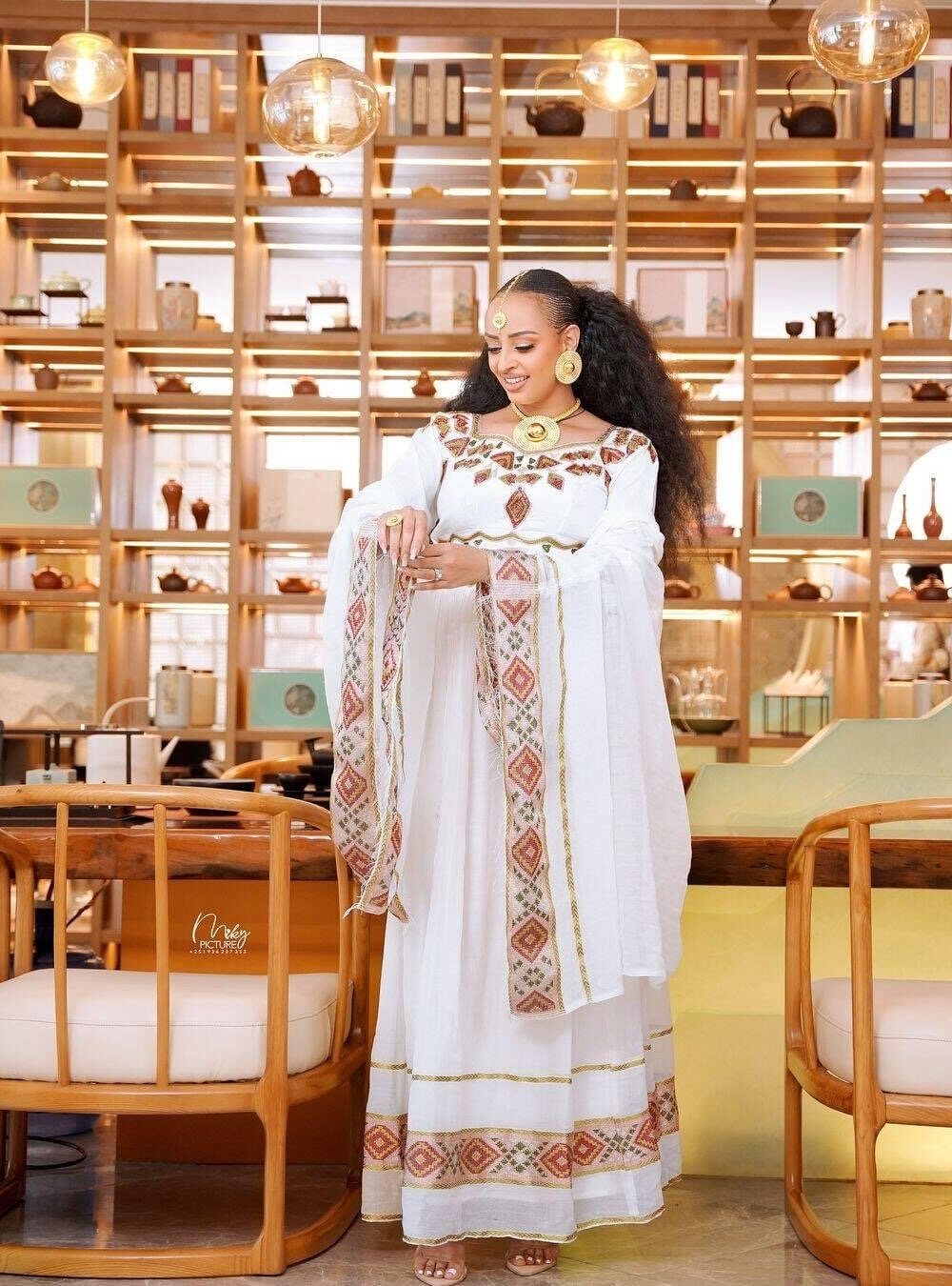 Zuria Habesha Kemis – White with Gold-Silver Tibeb – Azmarino Fashion Boutique – view 3